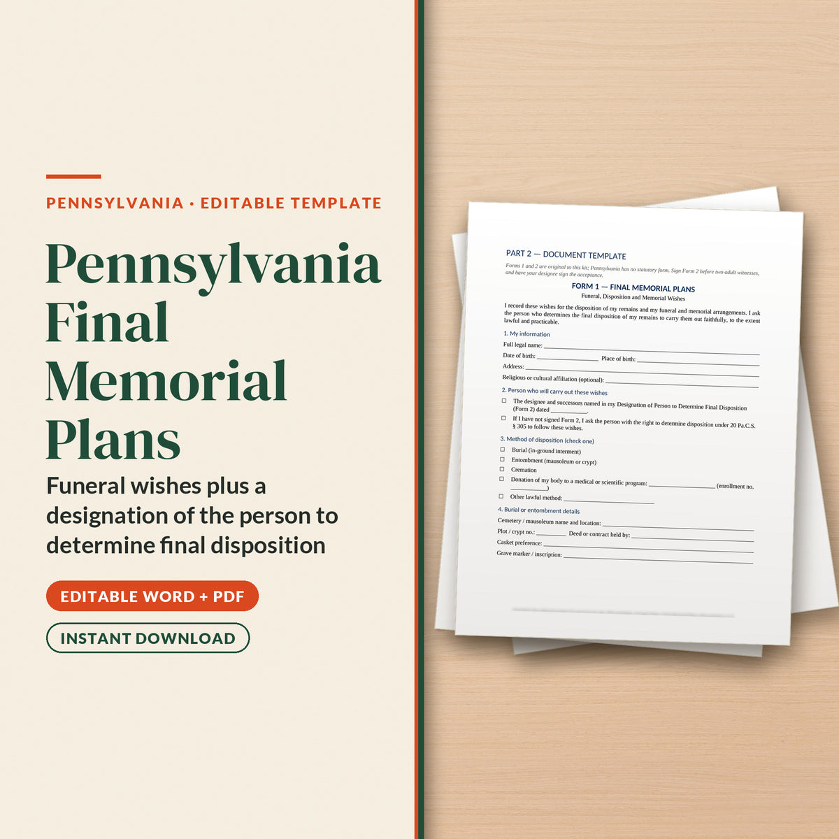 Pennsylvania Final Memorial Plans Template, cover page