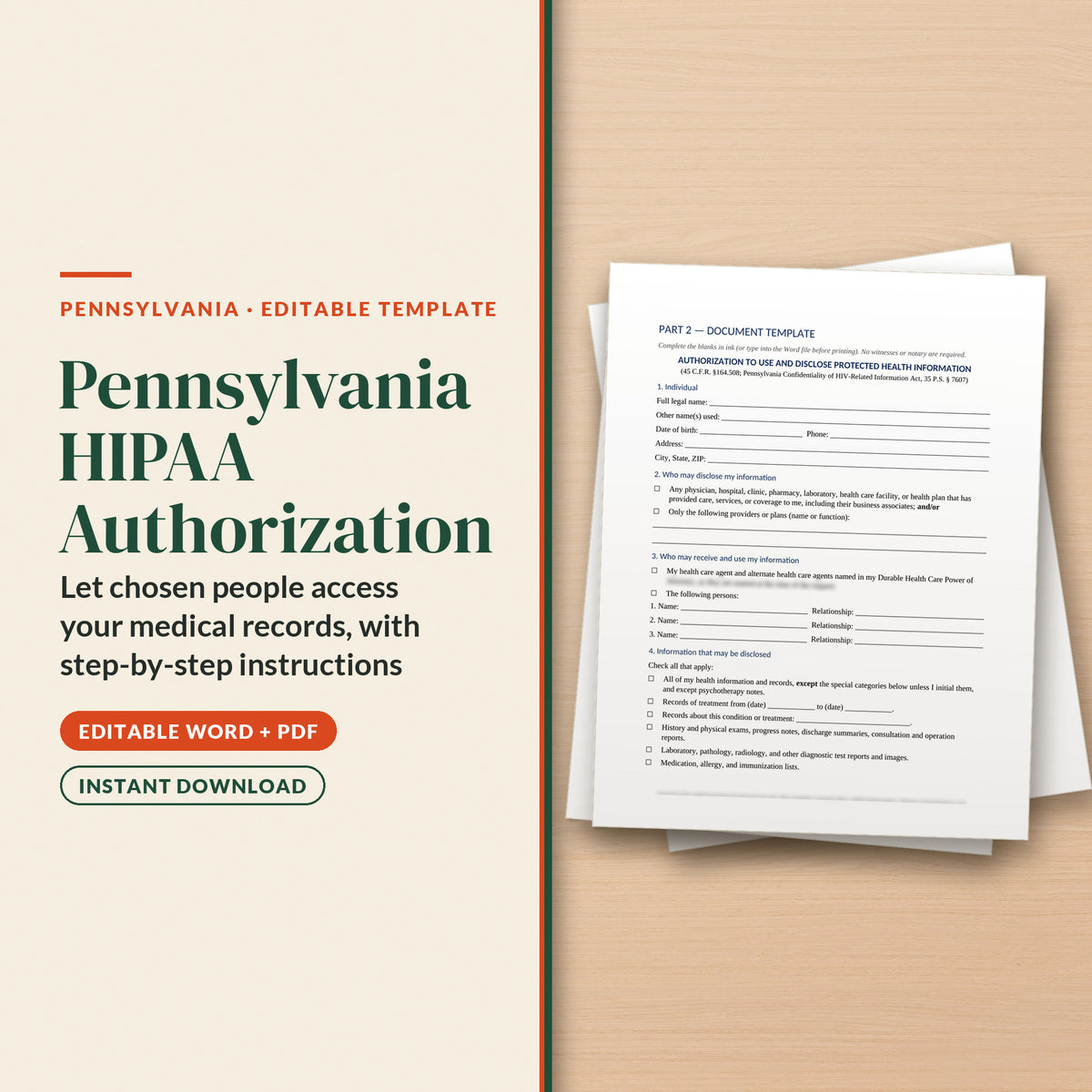 Pennsylvania HIPAA Authorization / Release Template, cover page