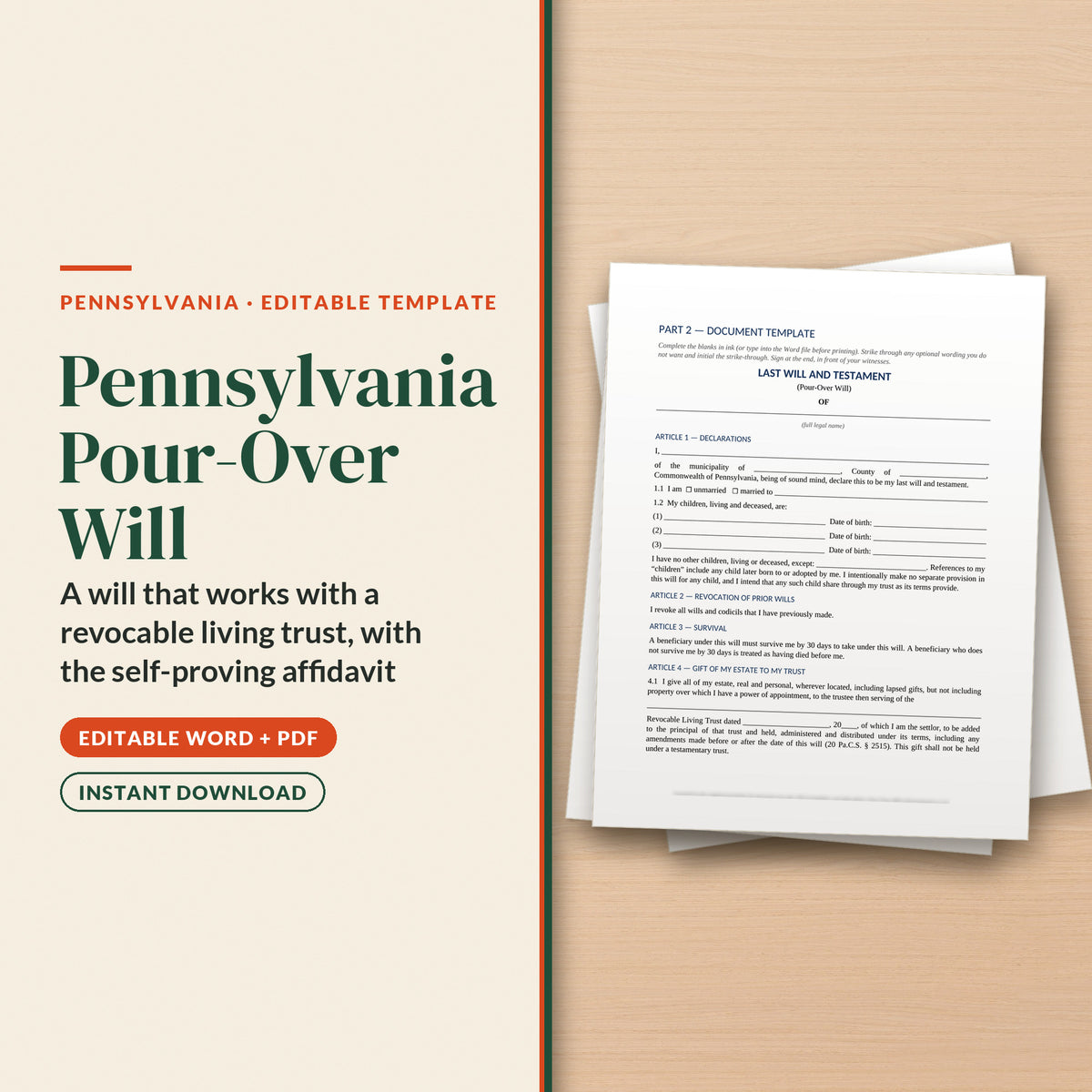 Pennsylvania Pour-Over Will Template, cover page
