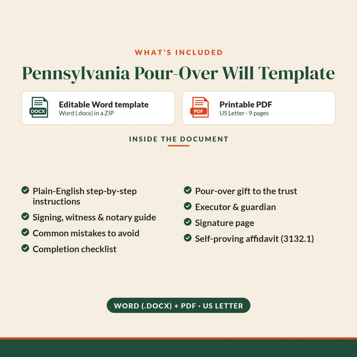 Pennsylvania Pour-Over Will Template, what's included