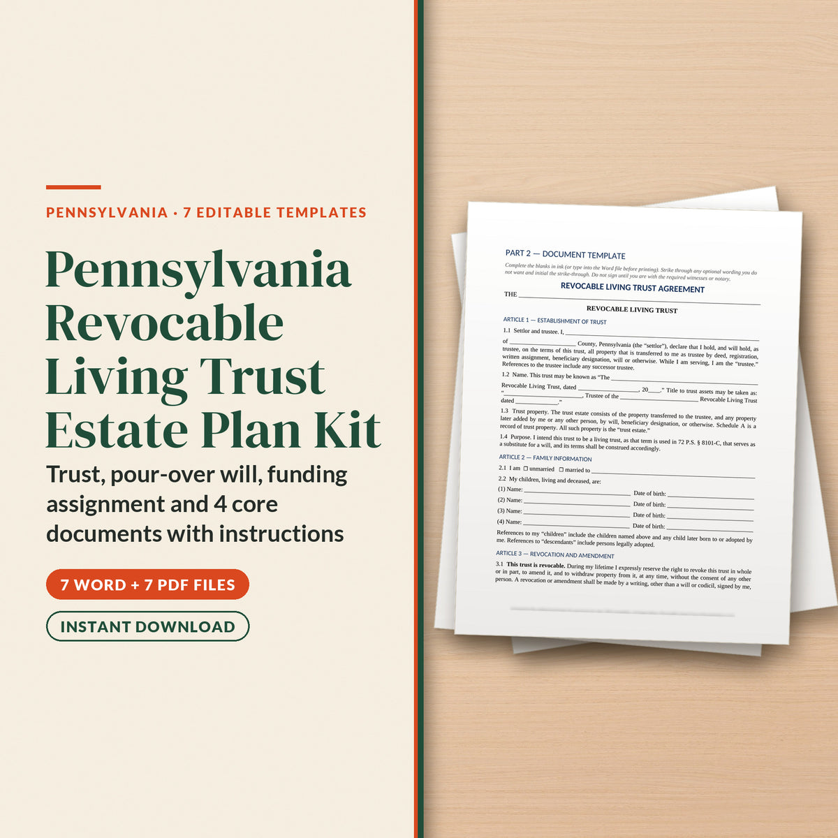 Pennsylvania Revocable Living Trust Estate Plan Kit, cover page