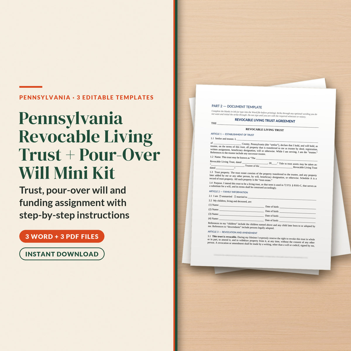 Pennsylvania Revocable Living Trust + Pour-Over Will Mini Kit, cover page