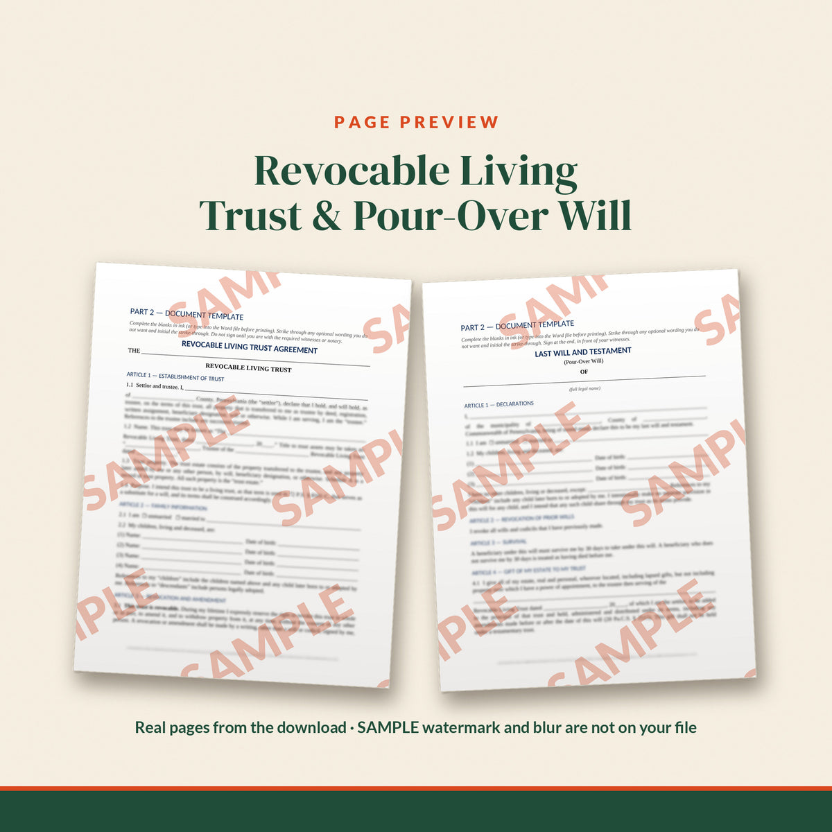 Pennsylvania Revocable Living Trust + Pour-Over Will Mini Kit, document preview, page 1