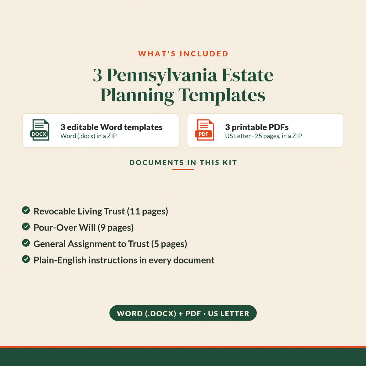 Pennsylvania Revocable Living Trust + Pour-Over Will Mini Kit, what's included