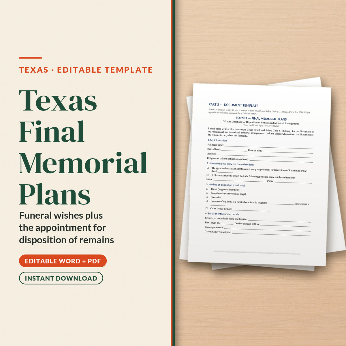 Texas Final Memorial Plans Template, cover page