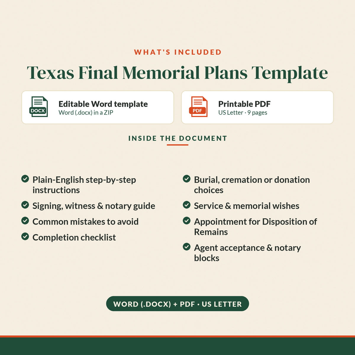 Texas Final Memorial Plans Template, what's included