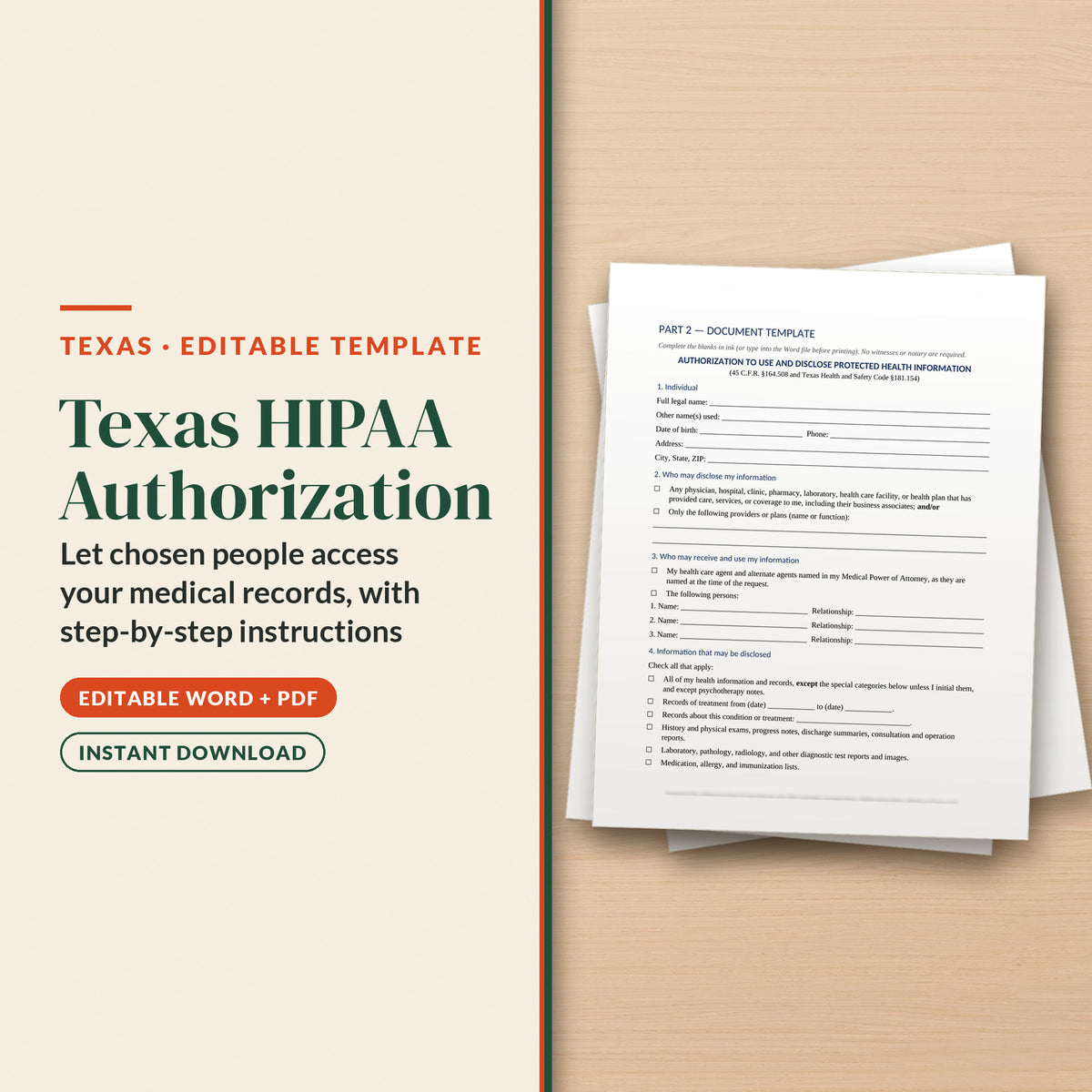 Texas HIPAA Authorization / Release Template, cover page
