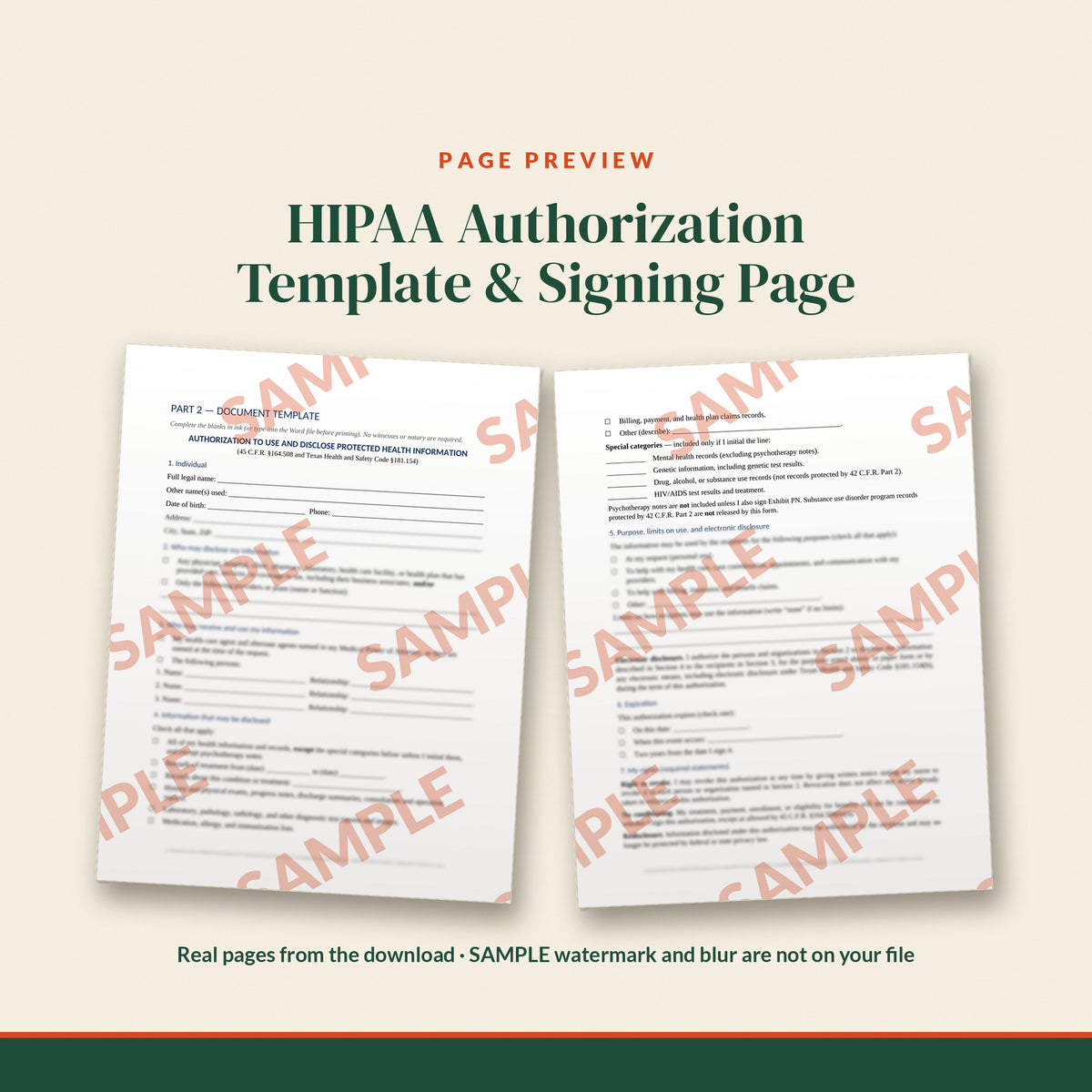 Texas HIPAA Authorization / Release Template, document preview, page 2