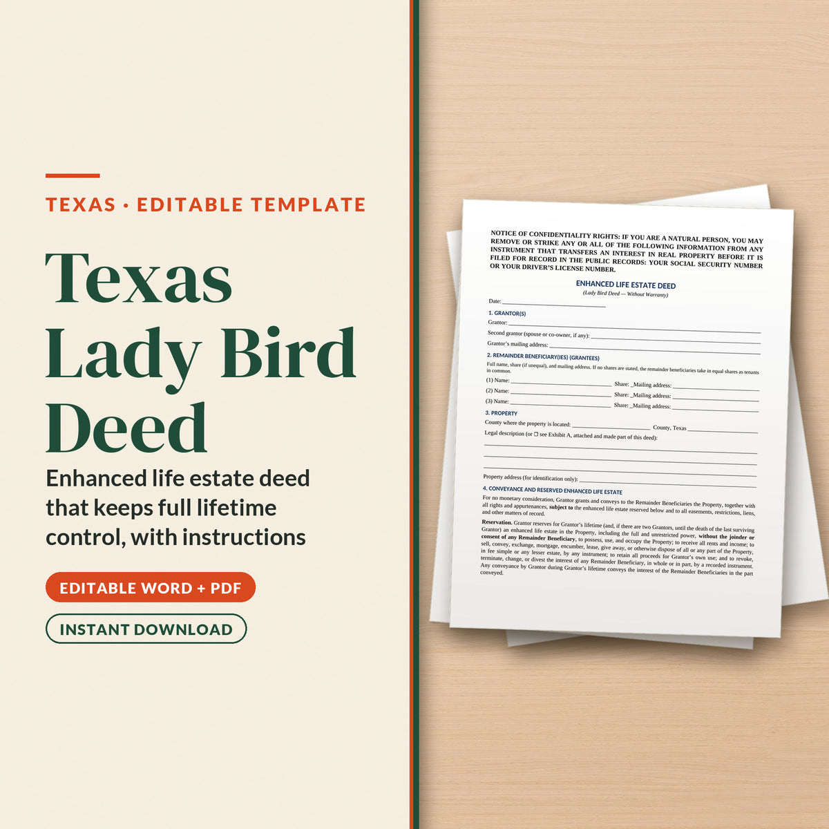 Texas Lady Bird Deed Template, cover page