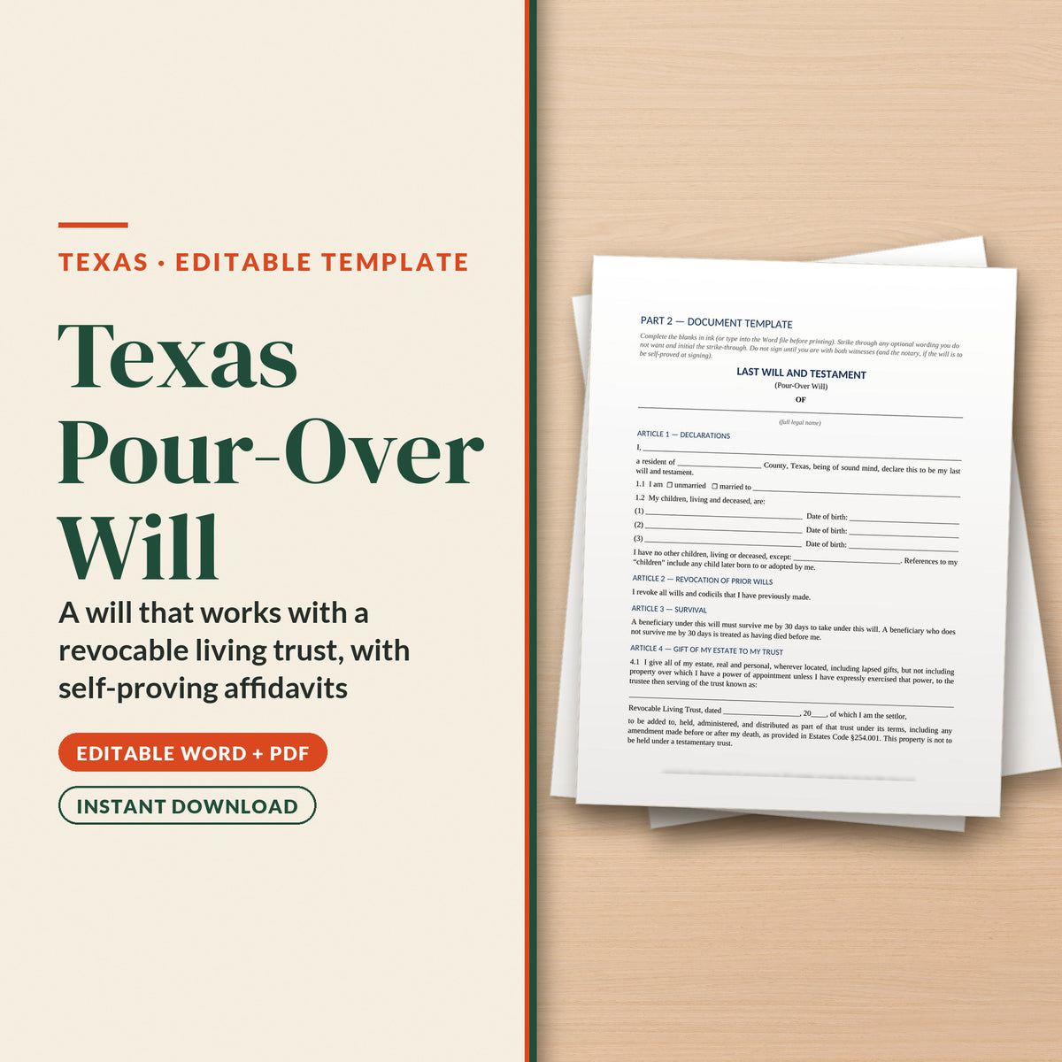 Texas Pour-Over Will Template, cover page