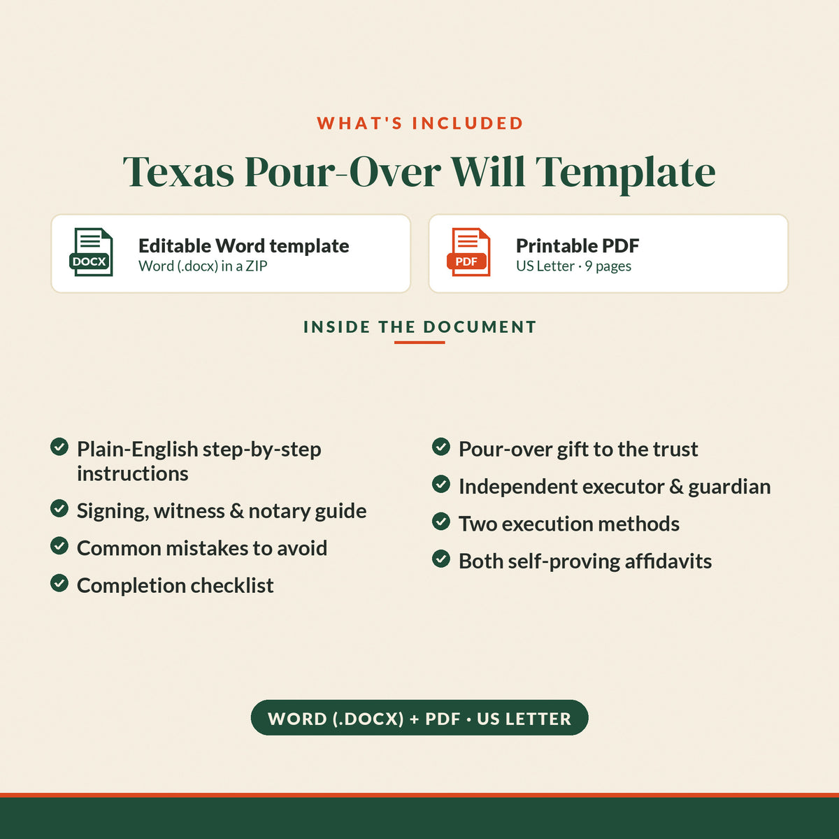 Texas Pour-Over Will Template, what's included