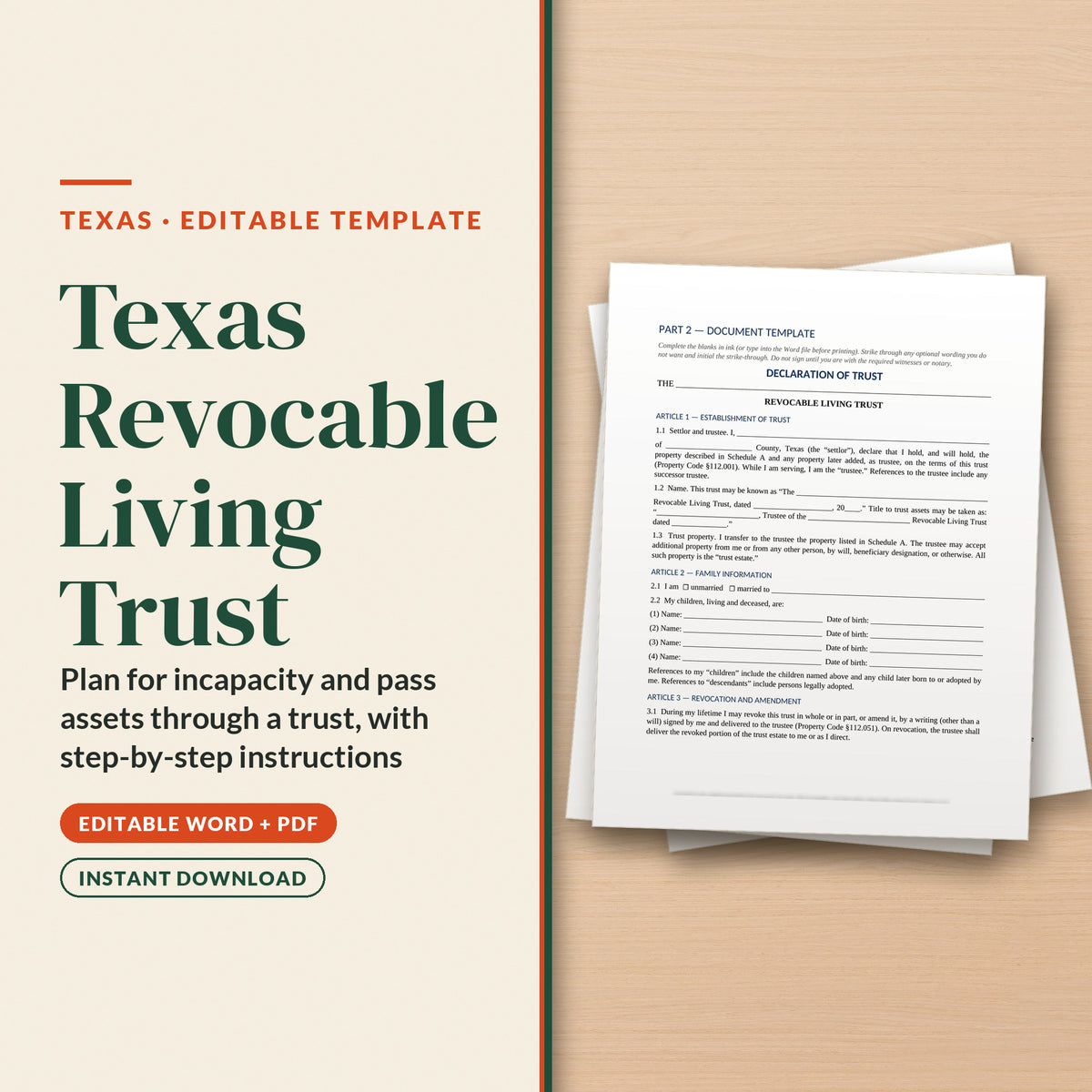 Texas Revocable Living Trust Template, cover page