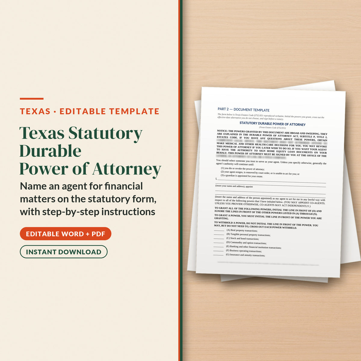 Texas Statutory Durable Power of Attorney Template, cover page