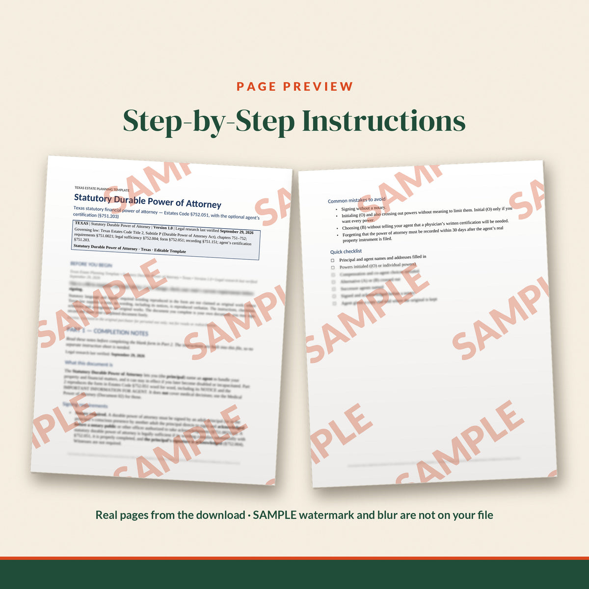 Texas Statutory Durable Power of Attorney Template, document preview, page 1