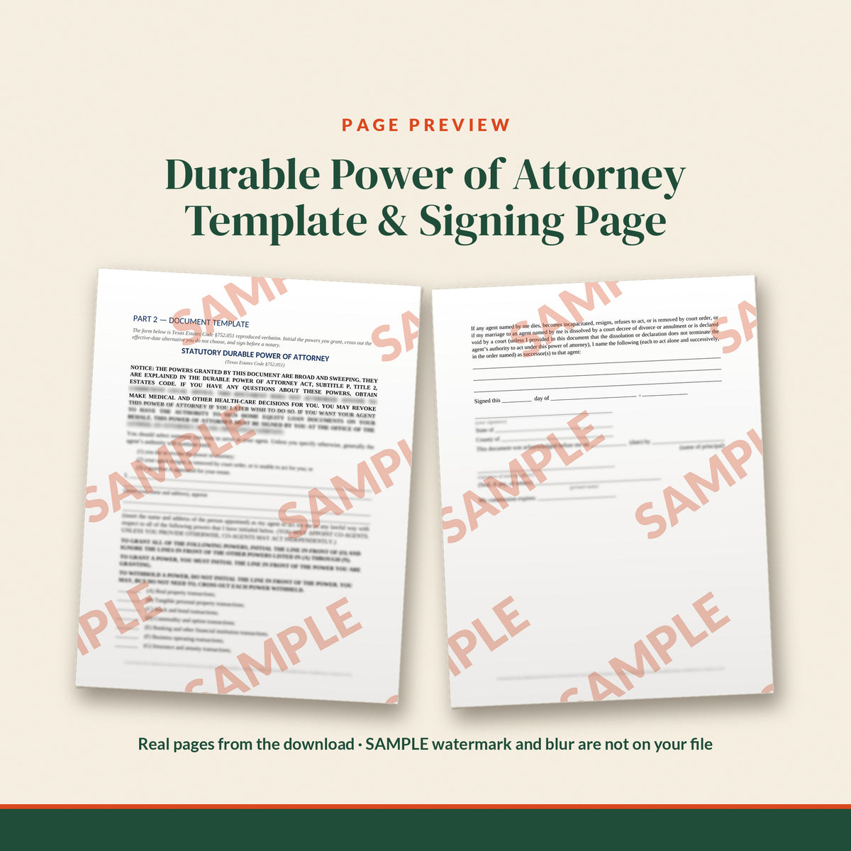 Texas Statutory Durable Power of Attorney Template, document preview, page 2