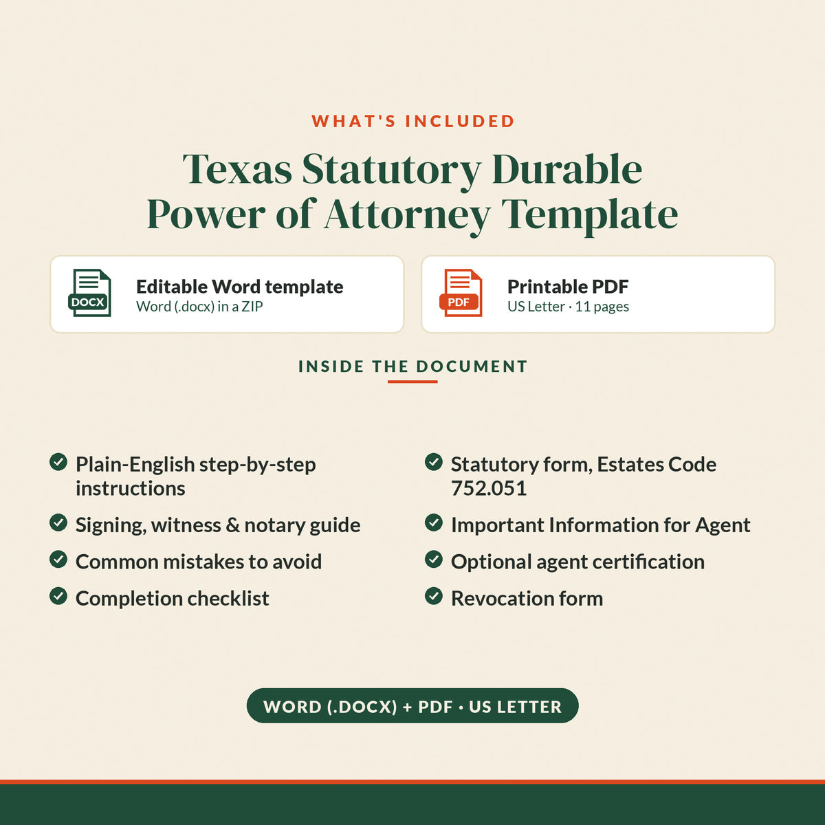 Texas Statutory Durable Power of Attorney Template, what's included