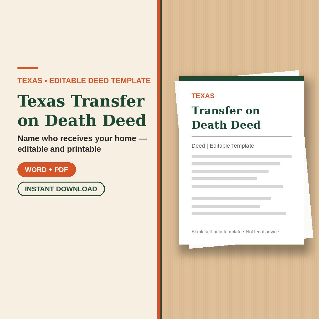 Texas Transfer on Death Deed template cover, editable Word + PDF, instant download