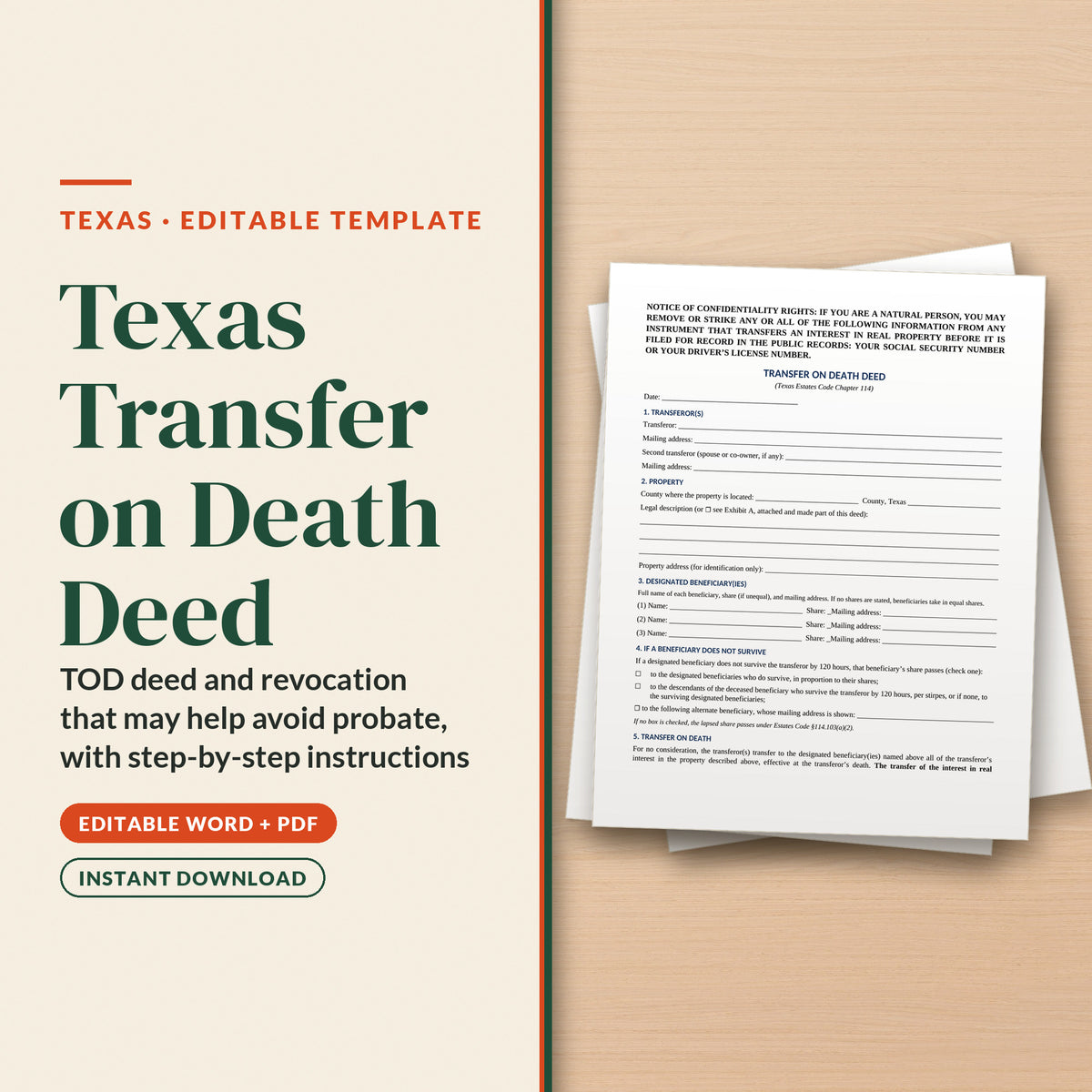 Texas Transfer on Death Deed Template, cover page