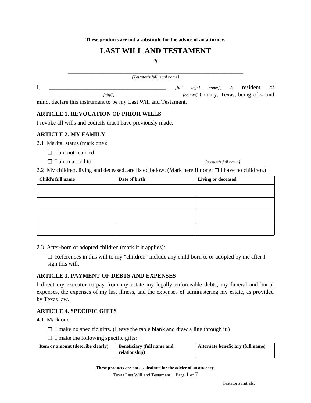 Texas Last Will and Testament Template
