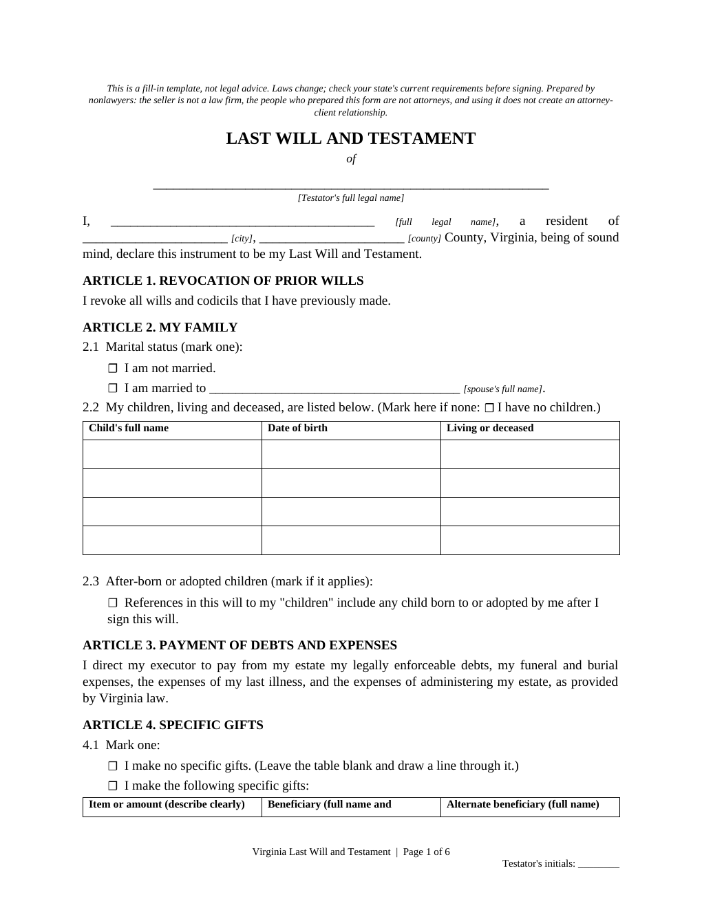 Virginia Last Will and Testament Template