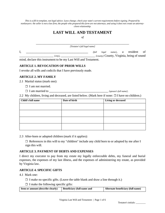 Virginia Last Will and Testament Template